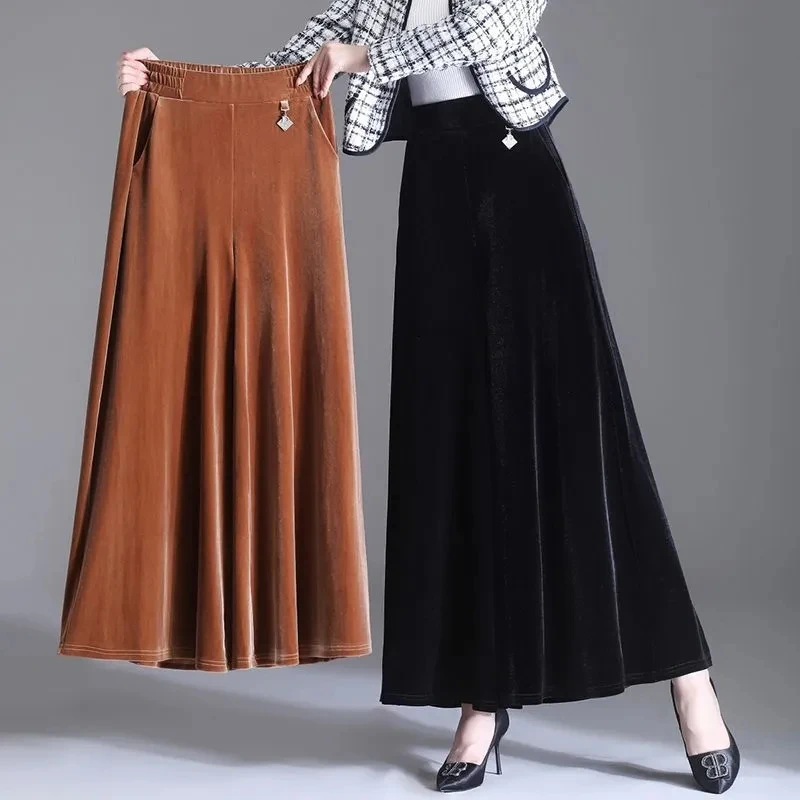 Gold Velvet Dress Pants Female Large Size Autumn And Winter New Korean Fashion Celebrity Style Nine-point Flared Wide Leg Pants