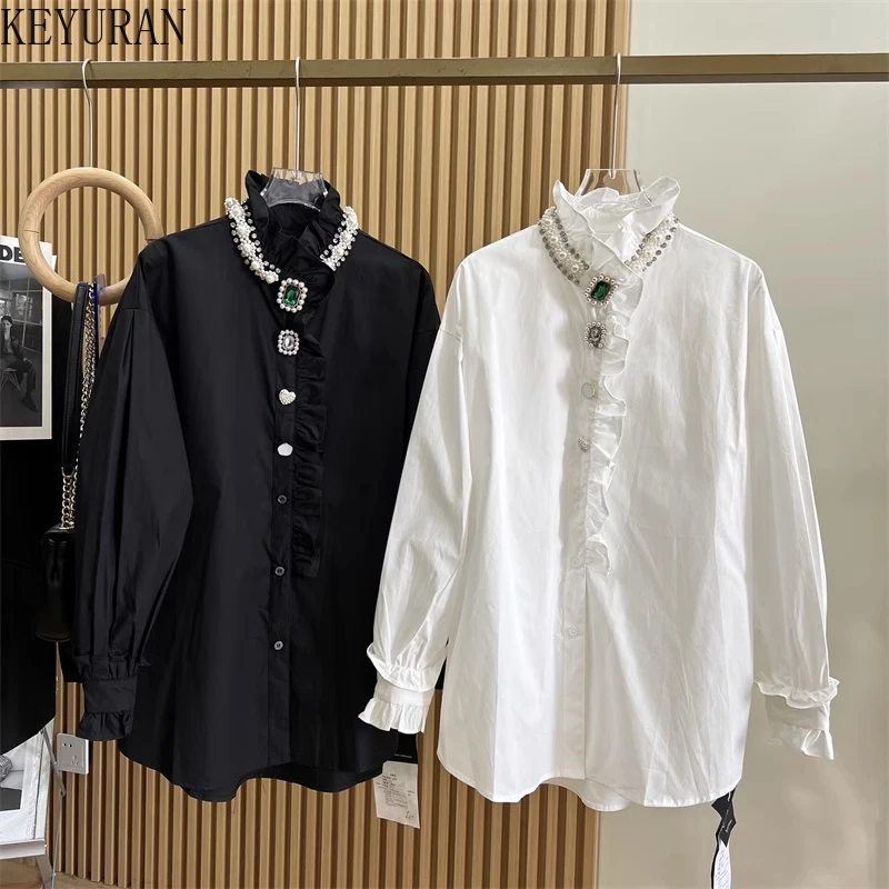 

2024 Spring Pearls Rhinestone Beaded Ruffles Shirt Women Long Lantern Sleeve Cotton Crystal Blusas Lady White Blouses Loose Tops