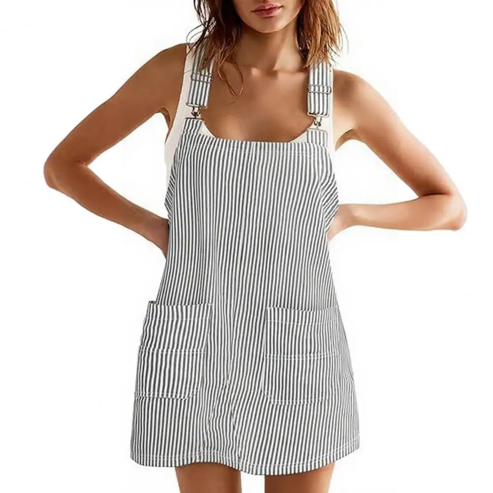 

Women Dress Women Suspender Dress with Pockets U-shaped Collar Striped Mini Dress Loose Fit Look Work Leisure Wear High Waist