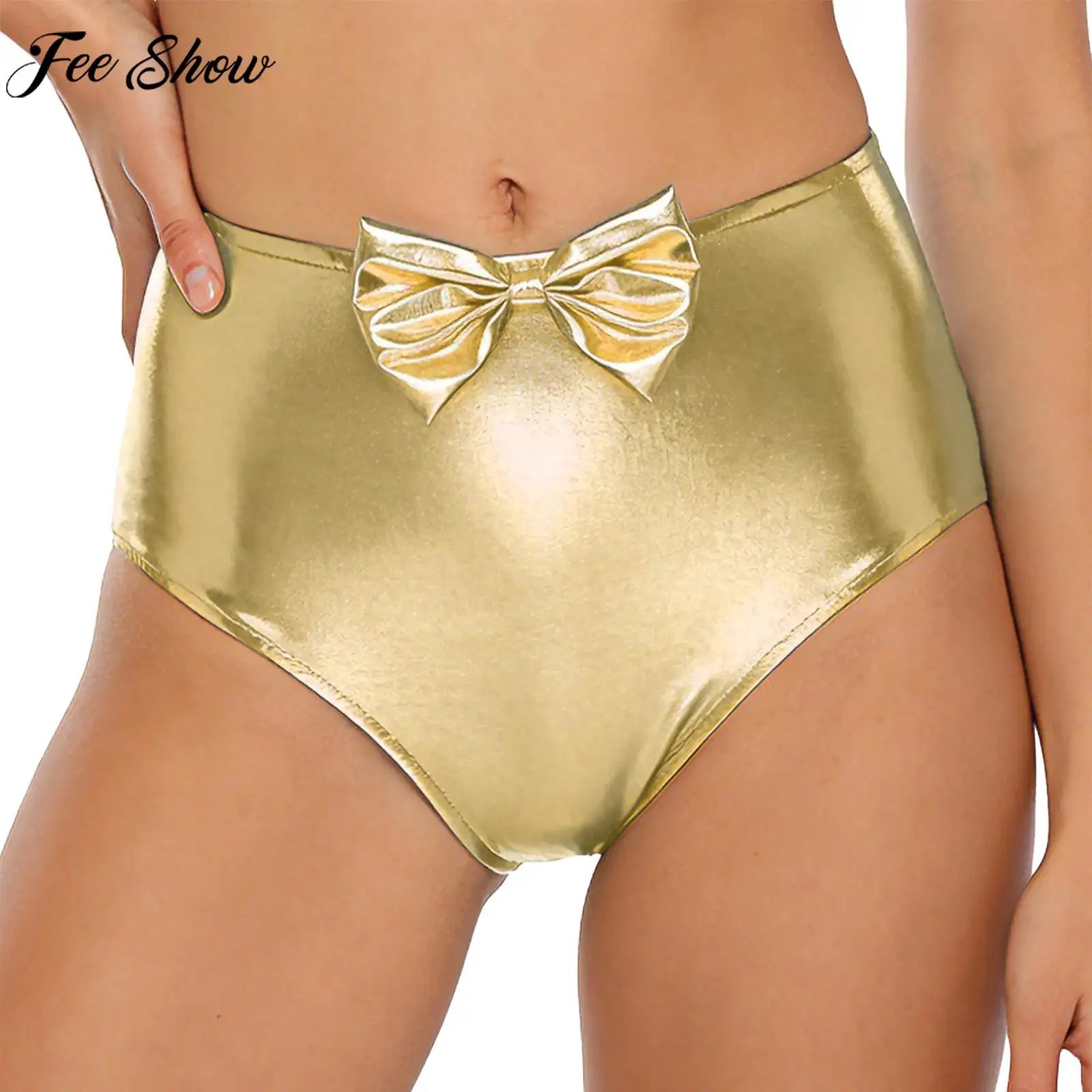 

Женские блестящие шорты металлик, шорты с милым бантом и рюшами, трусы с высокой талией для танцев на пилоне, рейв-вечеринка, музыкальный фестиваль, ночной клуб