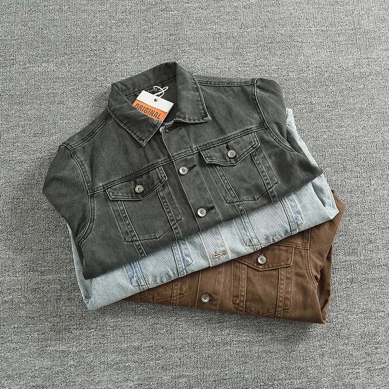 

Мужская джинсовая куртка в американском ретро-стиле из чистого хлопка, повседневная, с отложным воротником, универсальная, модная