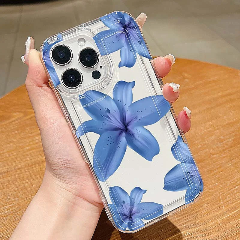 Elegant Blue Lily Pattern TPU Phone Case For iPhone 16 14 17 Pro