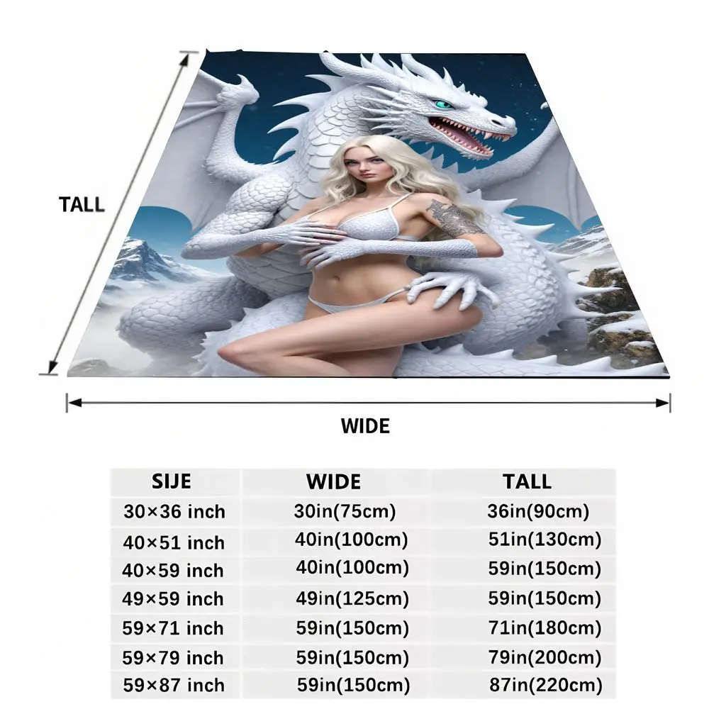 بطانية التنين الأبيض الخيالي والنموذج الأنيق - رمي ناعم من القطيفة يتميز بتنين أبيض مهيب وامرأة نحيلة مع بلاتي