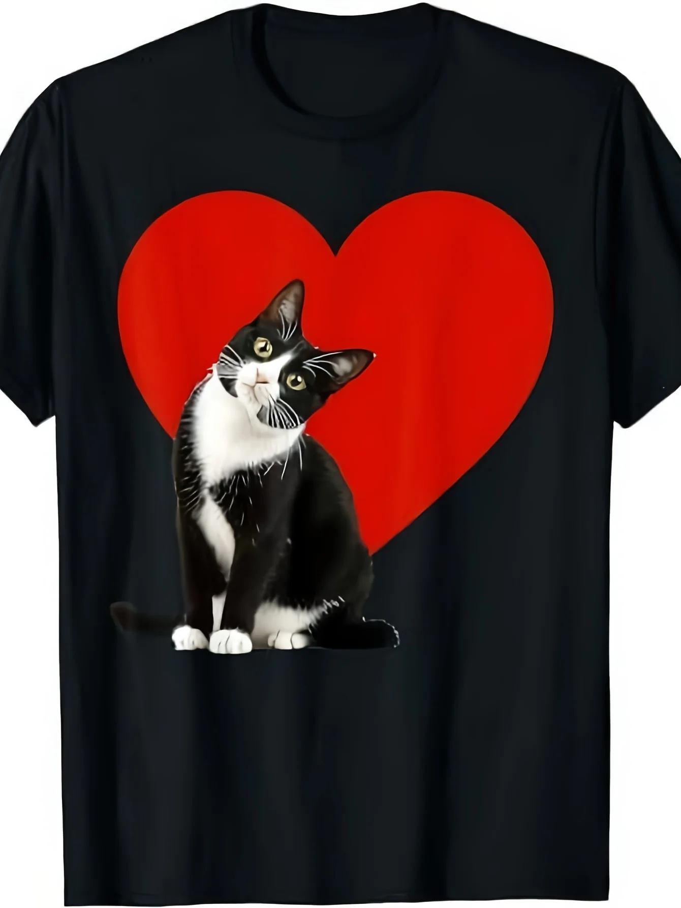 1pc Funny Tuxedo Cat Valentine's Day T-Shirt Compatible for - Adult Black & Red Heart Print with White Tuxedo Tabby Cat Design