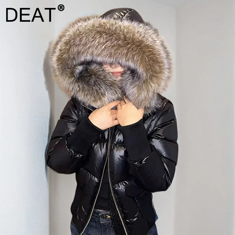 DEAT Women's Fashion Hooded Detachable Sleeves Warm Jacket 2024 Winter New Fur Collar Gathered Waist Cotton-padded Coats 33A2290