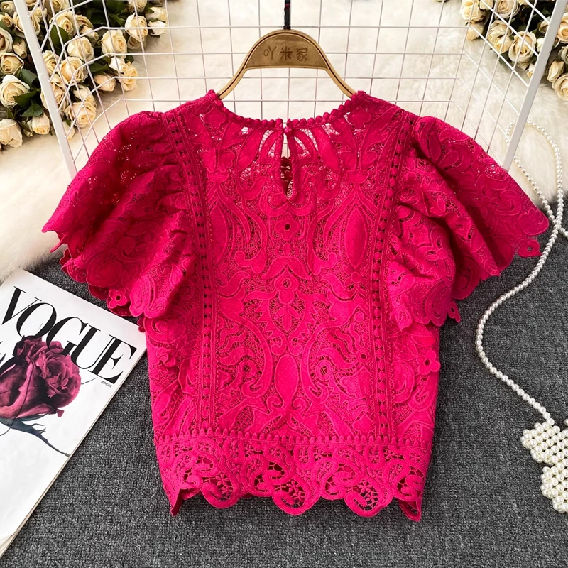 Vintage Lace Hook Flower Hollow Out Shirt Women Blouses Solid 2024 Summer Vintage Blusas Mujer Korean Fashion Sweet Short Shirts