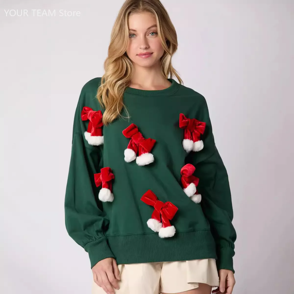 Women's Christmas Bow Decorated Sweatshirt Autumn Winter New Casual Long Sleeve Pullover Festive Holiday Crew Neck 3D Santa Bows