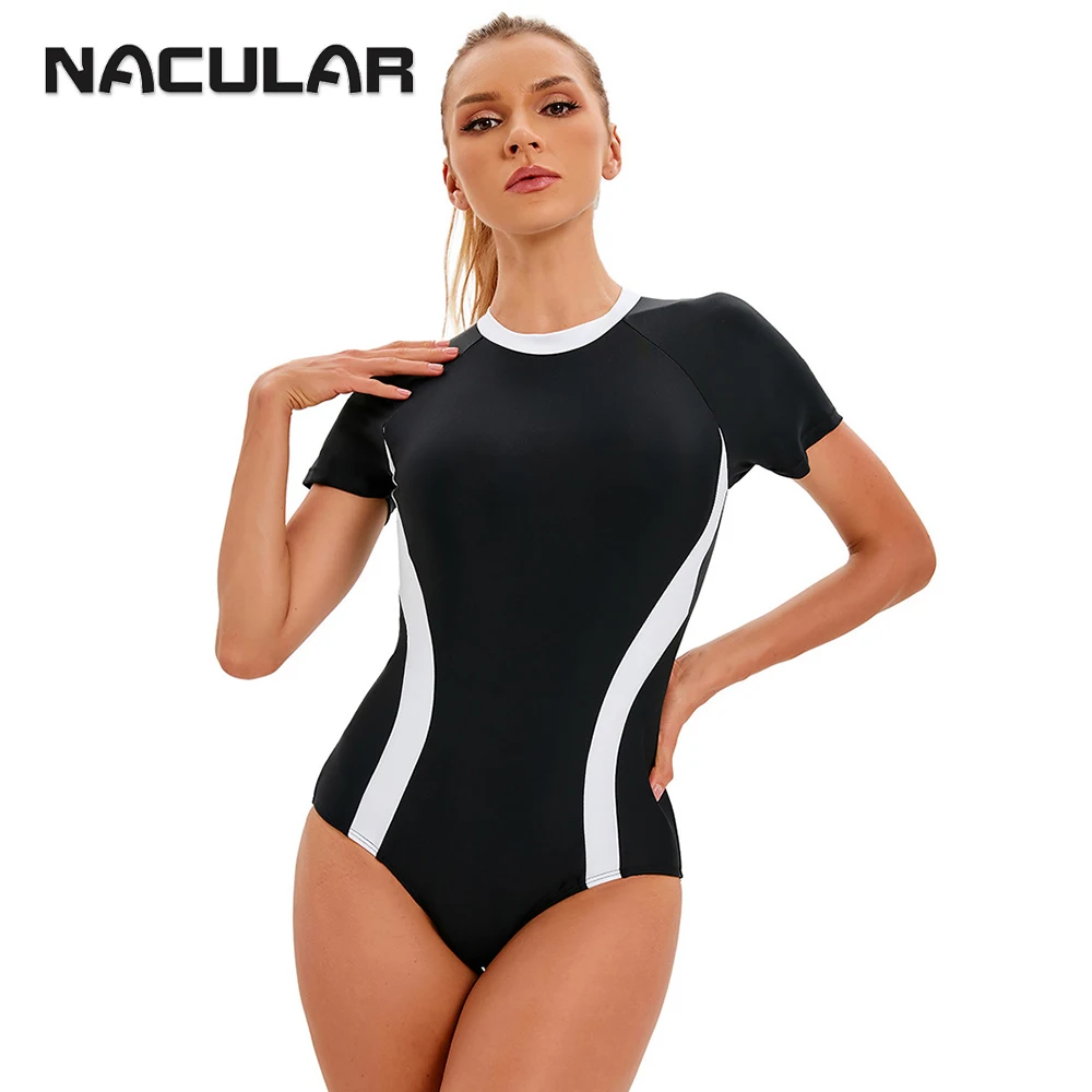 NACULAR One Piece Women Swimsuit Sports Swimwear Beachwear Patchwork Plus Size Bathing Suit Zipper Push Up Short Sleeve Female