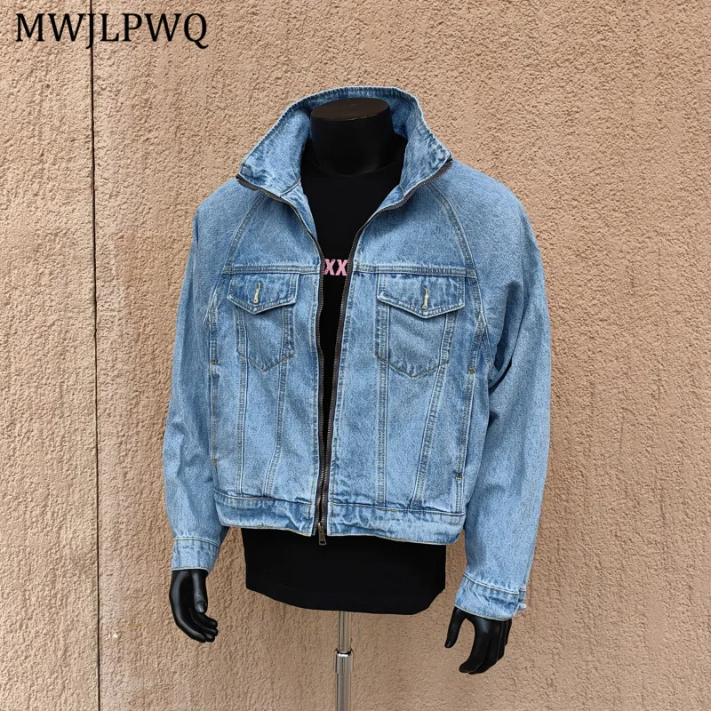 

MWJLPWQ Trendy Vintage Short Washed Denim Jacket For Men Spliced Distress Design High Street Spring Cleanfit Oversized Top 11160