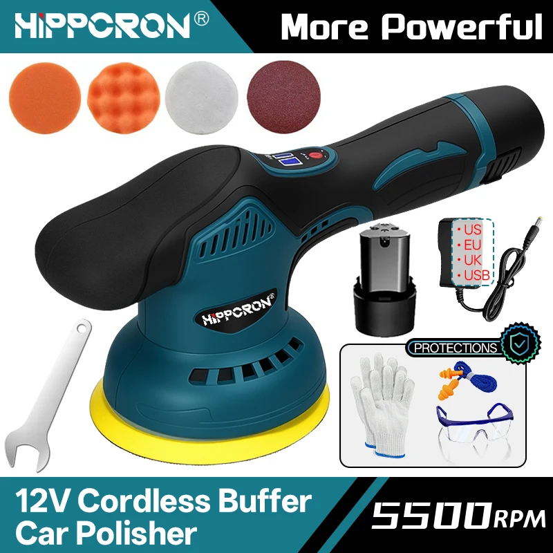 Hippcron 12V Cordless Car Polisher, 2800-5500RPM 8 Variable Speeds Electric Polishing Wax Tool