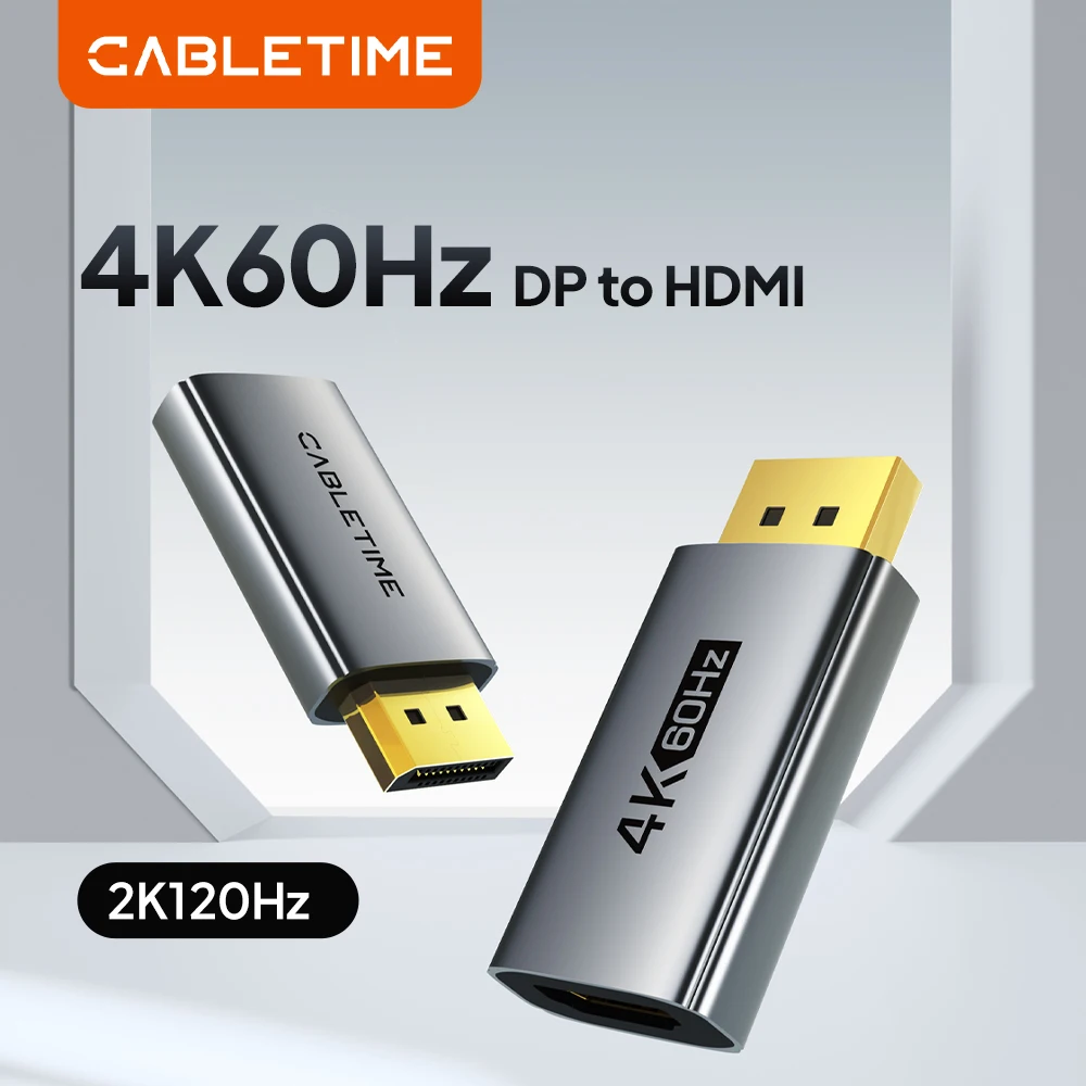 CABLETIME 4K60Hz DP to HDMI Adapter Display Port to HDMI Converter DP Male to HDMI Female Converter for PC TV Laptop Projector