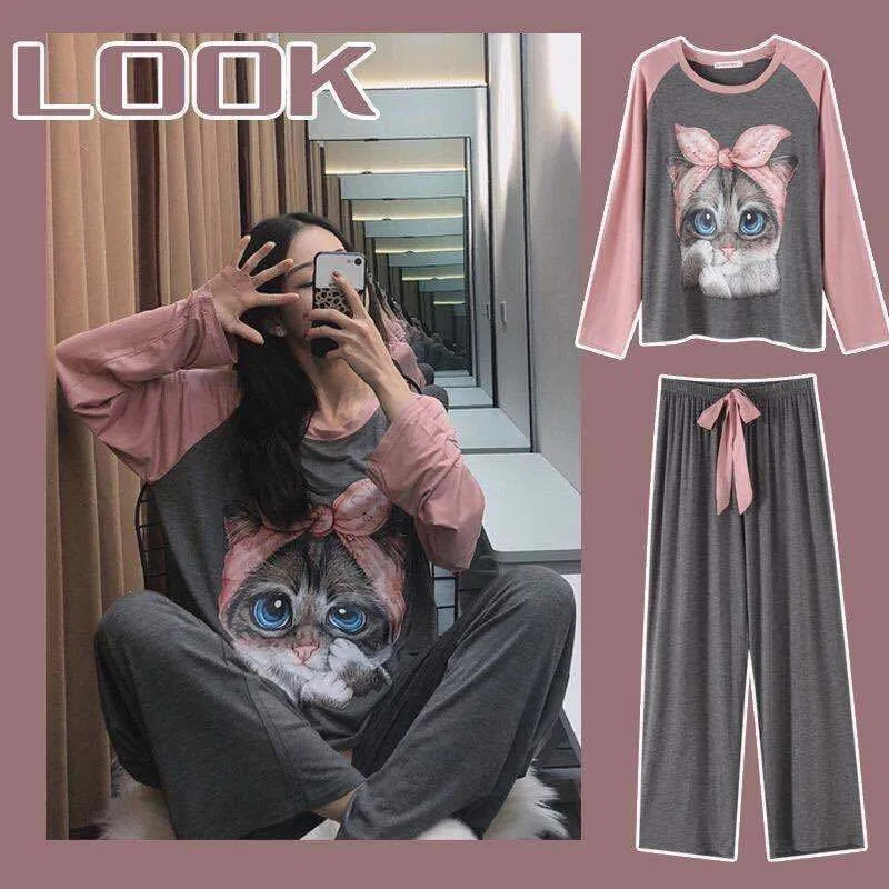 Large Size Long-Sleeved Round Neck Pyjamas Cartoon Cat Homewear Two-Piece Set of Long-Sleeved Long Trousers Pajamas Ladies