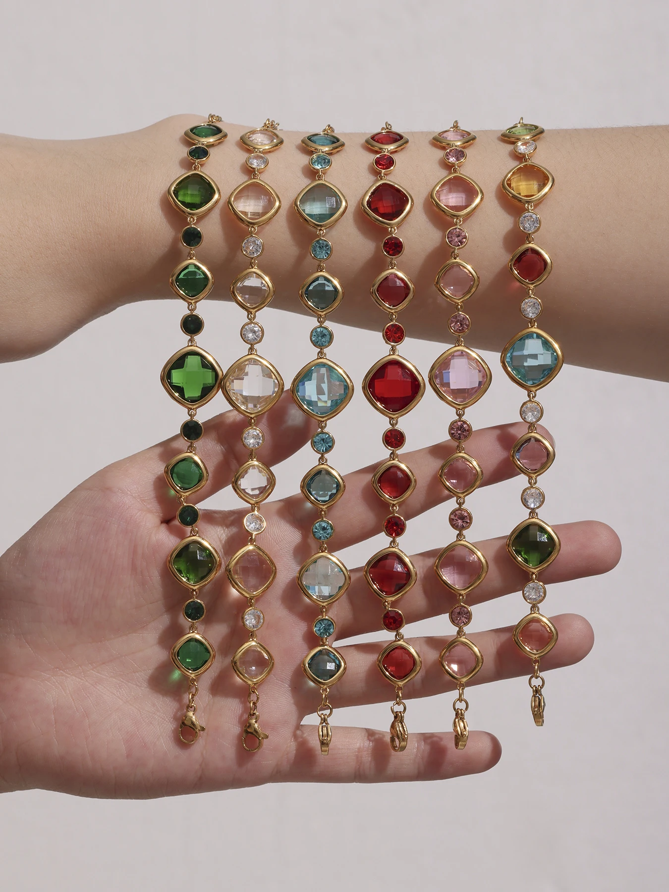 Ferris Wheel Colorful Square Stainless Steel Bracelet for Women Luxury Zircon Glass Stones Gold Plated Charm Jewelry