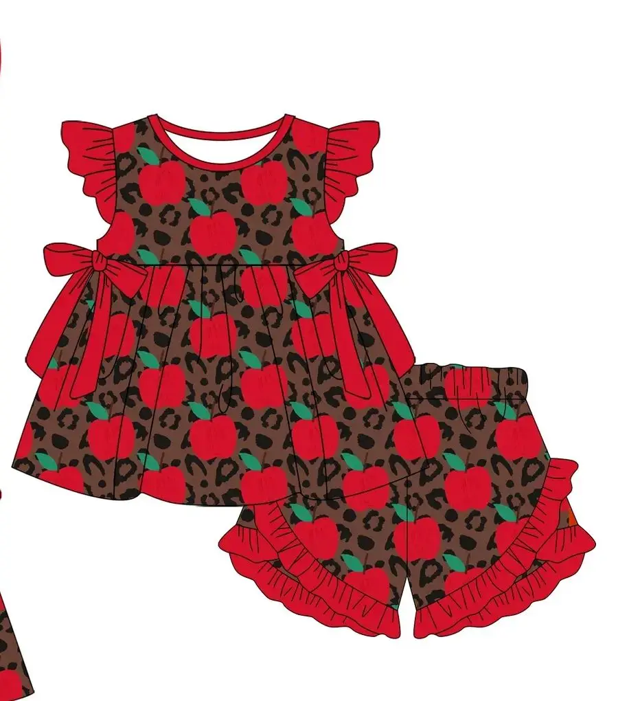 Wholesale Girls Apple Leopard Printed Ruffle Shorts Set Kids Dress Boutique Toddler Back To School Clothes
