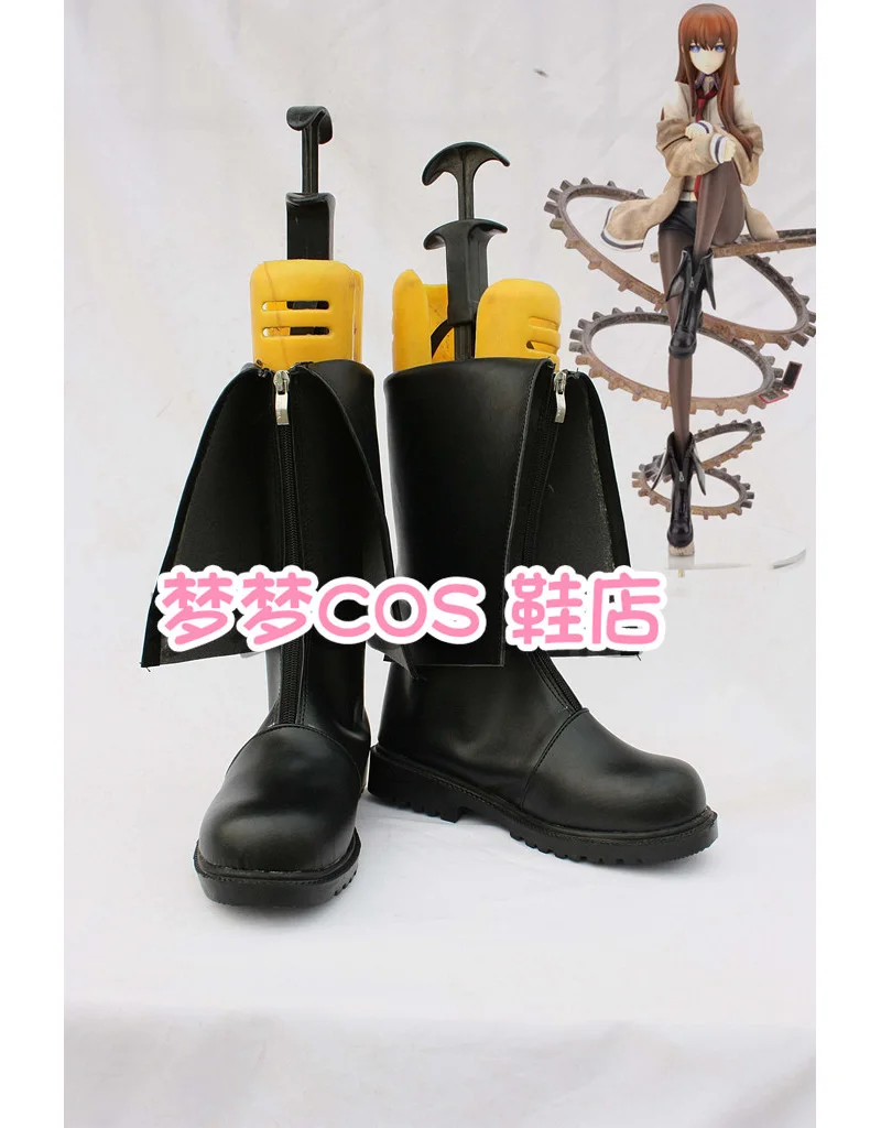 Anime Steins Gate Makise Kurisu Cosplay Shoes Black Short PU Leather Flat Sole Boots For Halloween Carnival