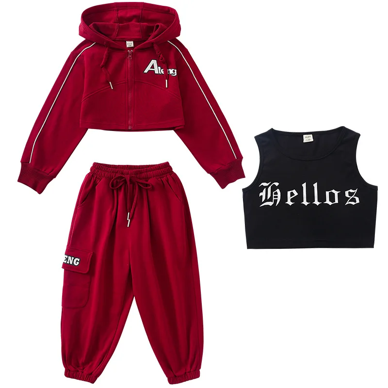 Hip Hop Girls Crop Top Hooded Short Jacket Cargo Pants Kids Jazz Hoodies Street Dance Clothes Set Child Streetwear Teen Costumes