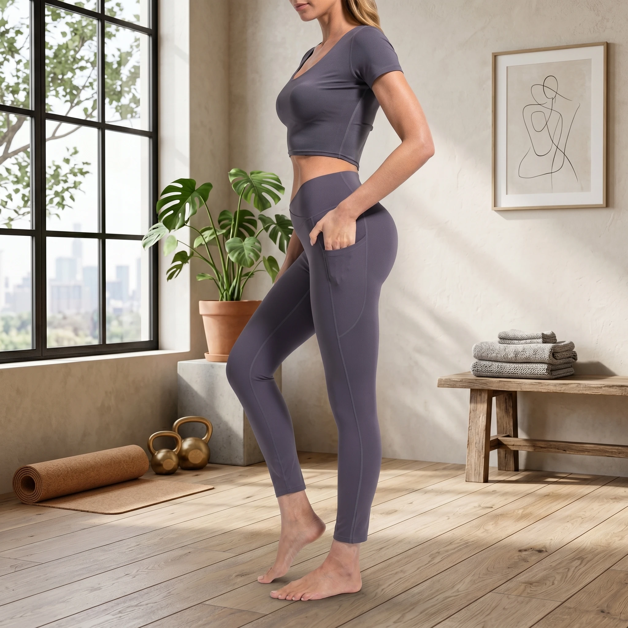 Women Yoga Leggings With Pockets, V Cross Waist High Waist Tummy Control Workout Pants, Butt Lifting Gym Leggings Running Biker