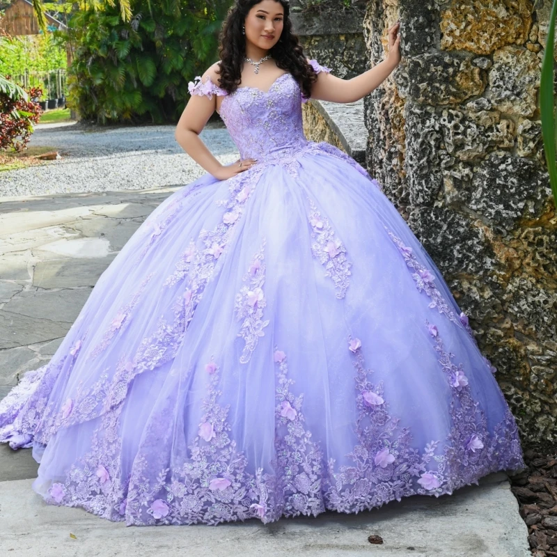 

Лавандовое блестящее бальное платье для Quinceanera с аппликациями, цветами, бисером, кристаллами, тюлем, корсетом, открытыми плечами, для Sweet 16, Vestidos 15