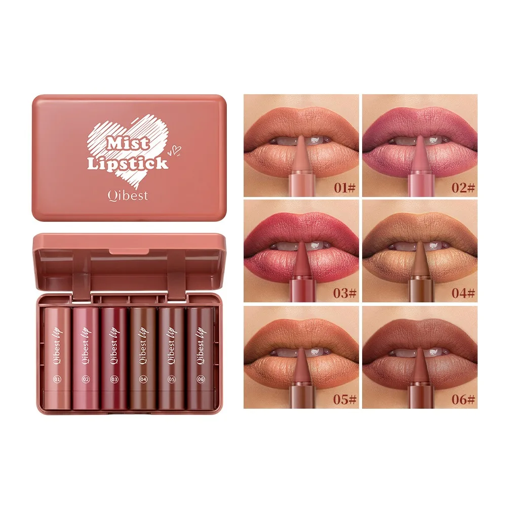 QIBEST 6PCS Lasting Matte Lipstick Pencil Set Twist-Up Velvet Matte Lip Stick Pen Smooth Pink Red Lipliner Lips Crayon Makeup