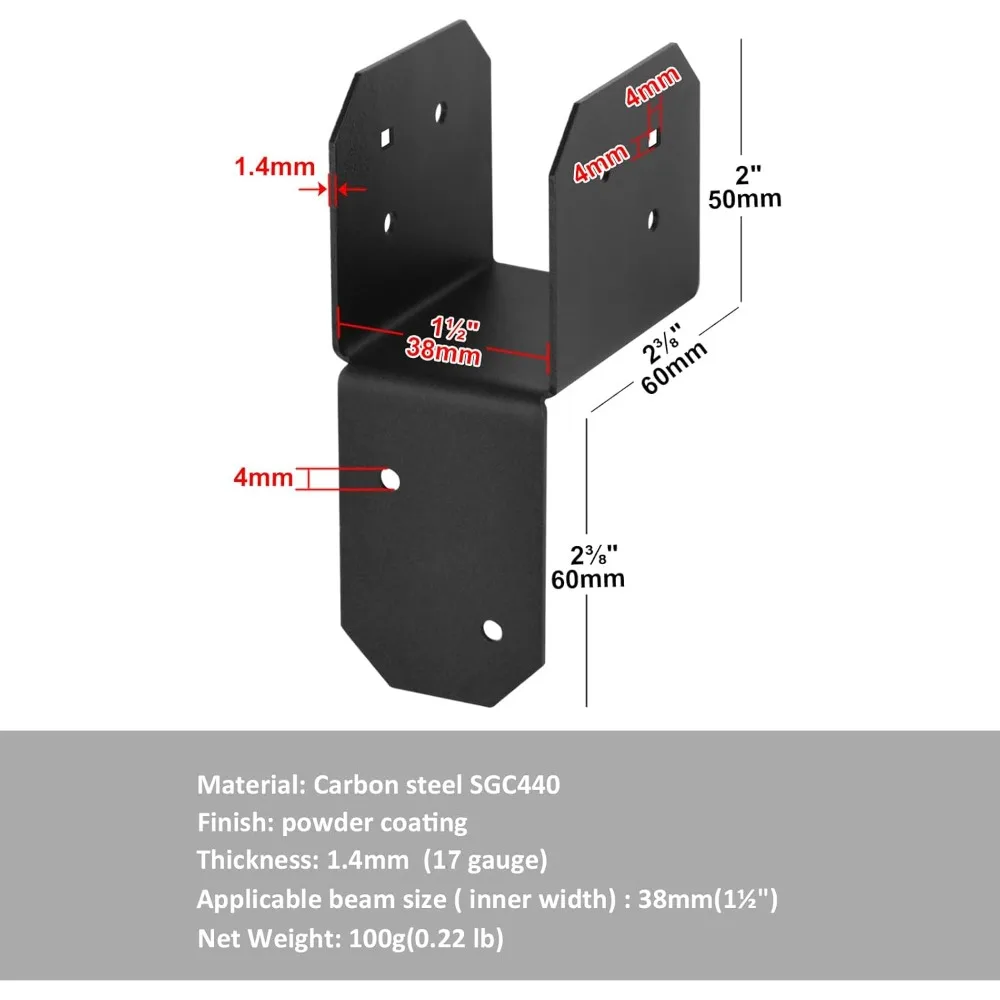 17 Gauge Black Post Caps Tie Bracket, 2x4 2x6 Pergola Joist Hanger Connector for Deck Roof Outdoor Construction
