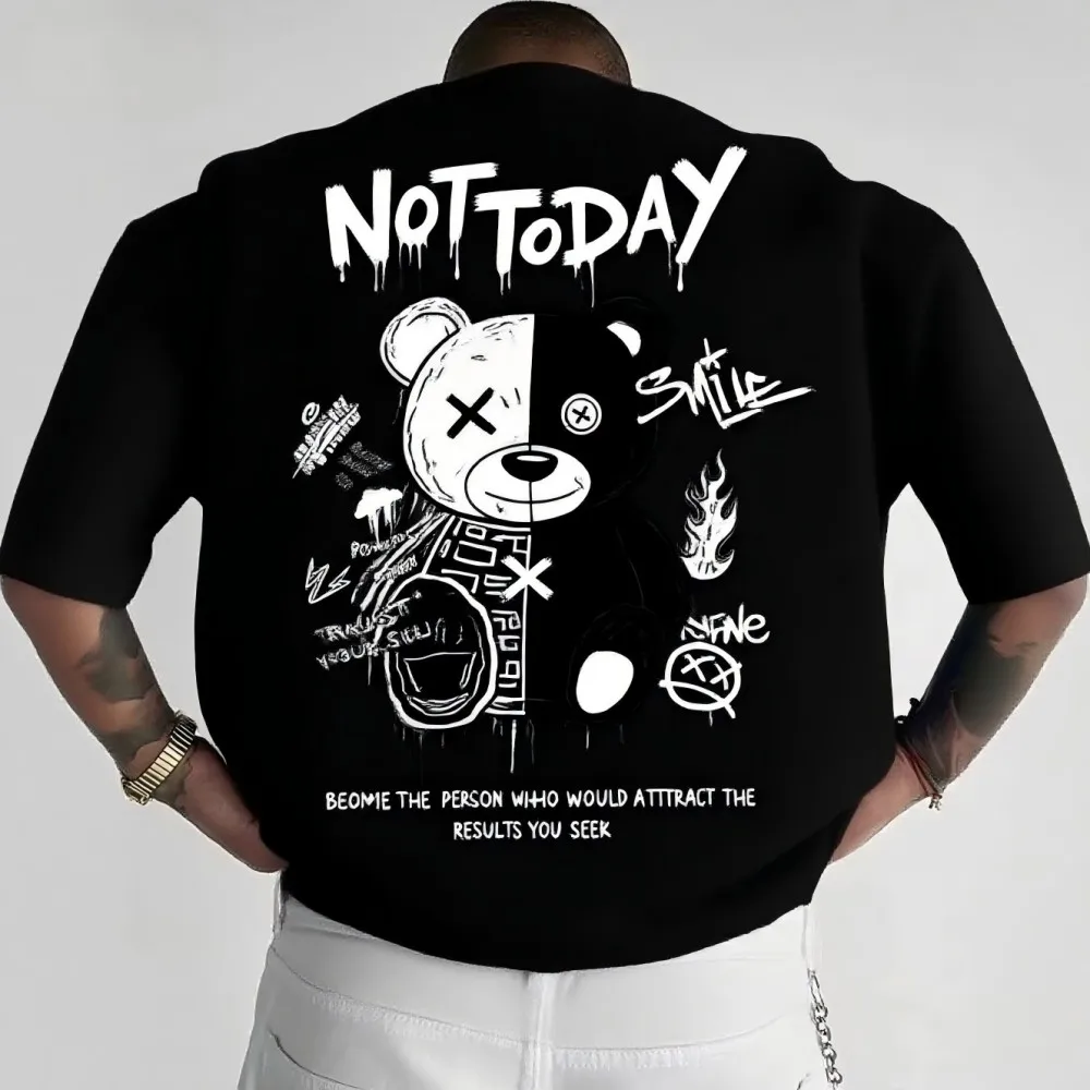 American Men's Summer Spliced Teddy Bear Letter Cherry Blossom Comfortable and Breathable Round Neck T-Shirt Outdoor Street Top
