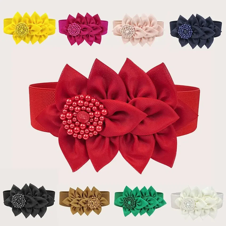 

Exquisite Wide Stretch Waistband Flower Decoration Casual Waist Belts Solid Color Decoration Belt Women