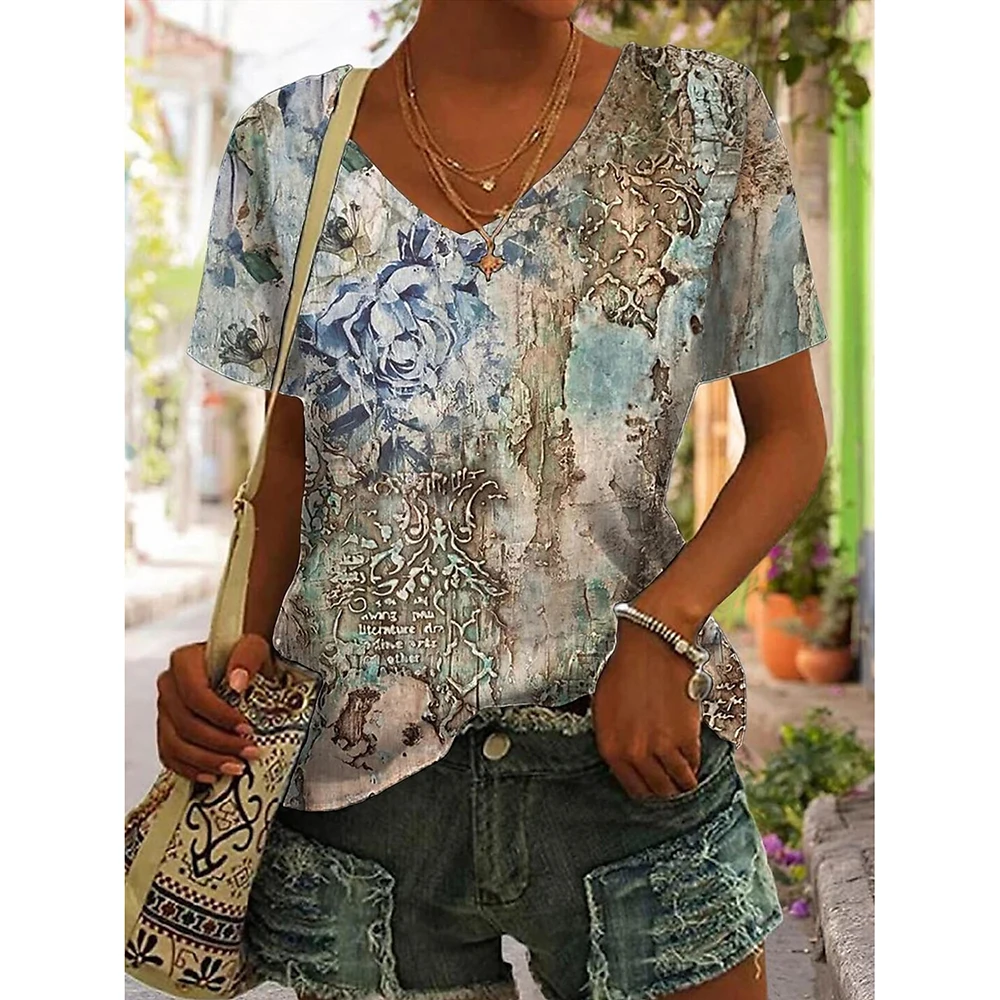 

Summer Color Gradient Graphic 3D Print T-Shirts Women V-Neck Short Sleeve T Shirt Tees Oversized Harajuku Tops Female Clothing