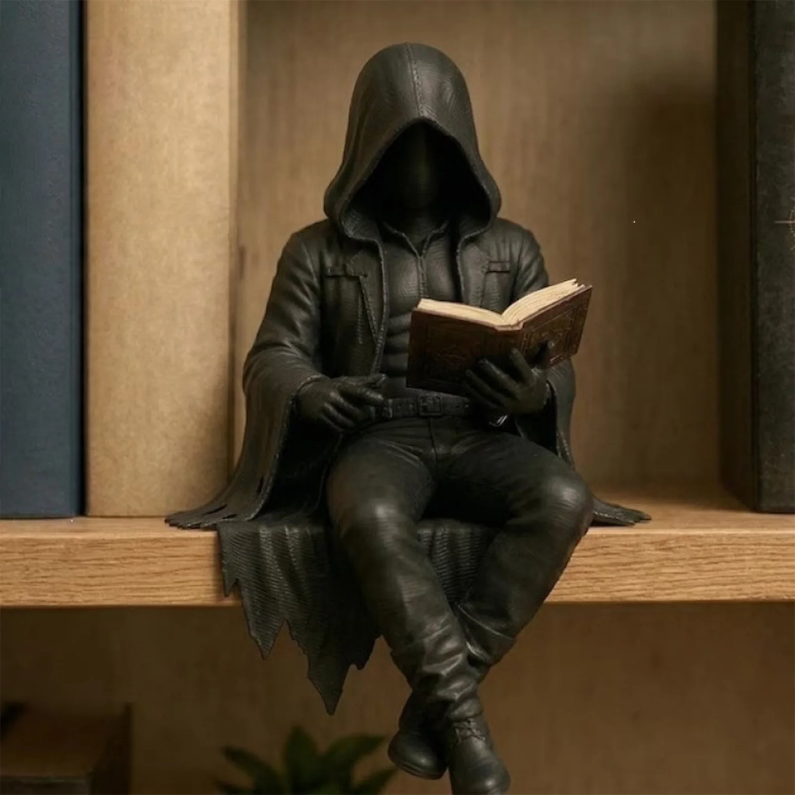 Resin Grim Reaper Mini Figurine with Book Sitting Hooded Ghost Figurine Robe Man Reading Statue for Halloween Home Office Shelf