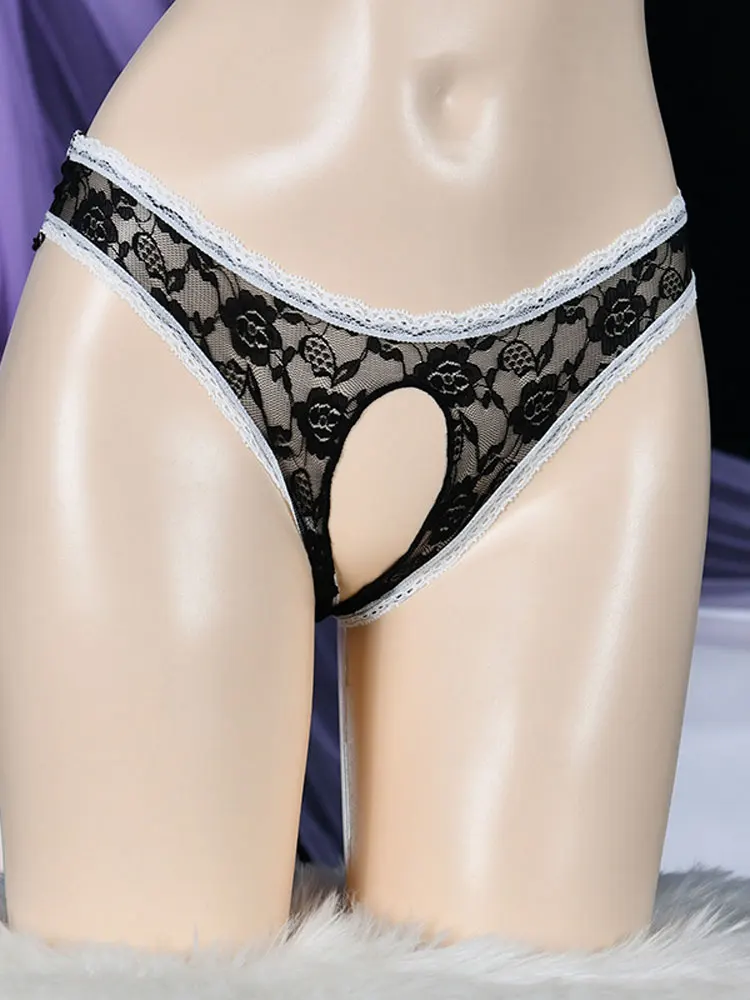 Sexy Open Crotch Panties Women Sheer Lace Briefs Breathable Transparent Thong Couple Erotic Lingerie Crotchless Underwear Women