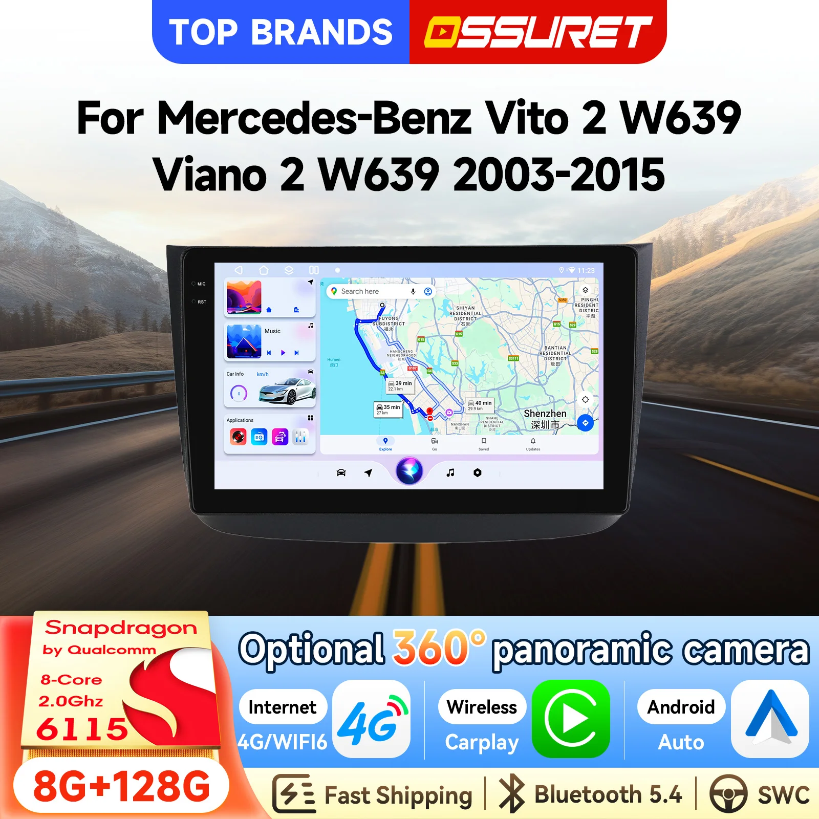 OSSURET Bestseller Schnelle Lieferung 2 Din 10,1 Zoll Hochwertiges Kabelloses Carplay Autonavigationssystem für Mercedes-Benz Vito 2 W639 Viano 2 W639 2003-2015 Autoradio Mehrsprachiges System SWC