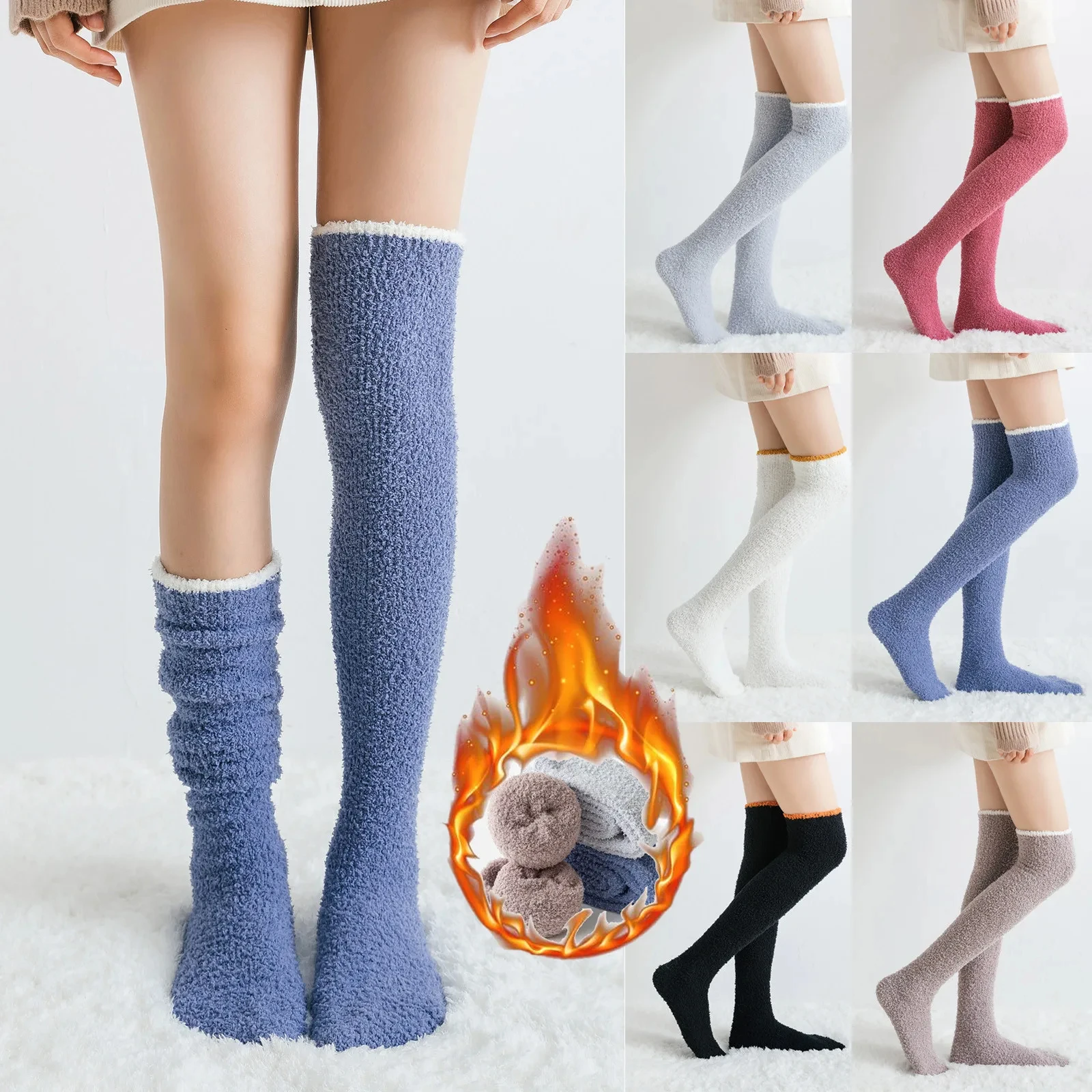 Women Solid Fuzzy Socks Winter Warm Over Knee High Socks Home Thigh-High Warm Socks Leggings White Long Uniform Socks Stocking