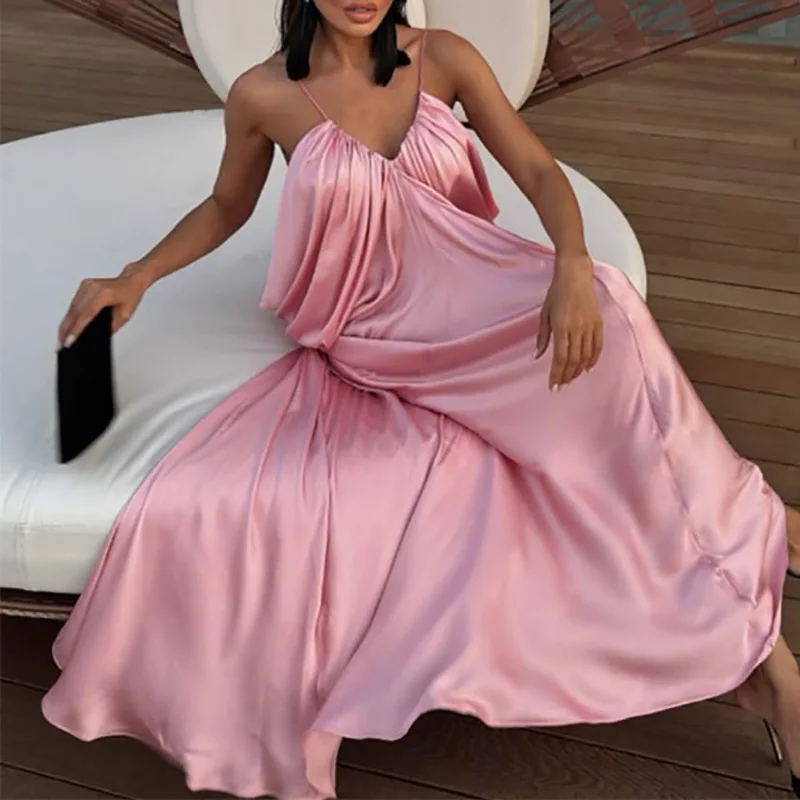 Abito semplice con bretelle con scollo a V allentato per le donne 2025 Abito lungo sexy in raso drappeggiato solido primaverile Abito boho vuoto senza schienale estivo
