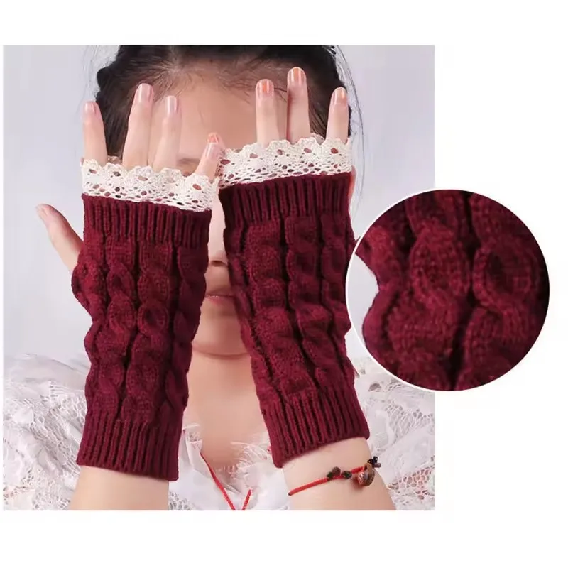 Neue Spitze Fingerlose Handschuhe frauen Handschuhe Winter Warme Nette Student Schreiben Tippen Halb Finger Acryl Gestrickte Handschuh Fäustlinge