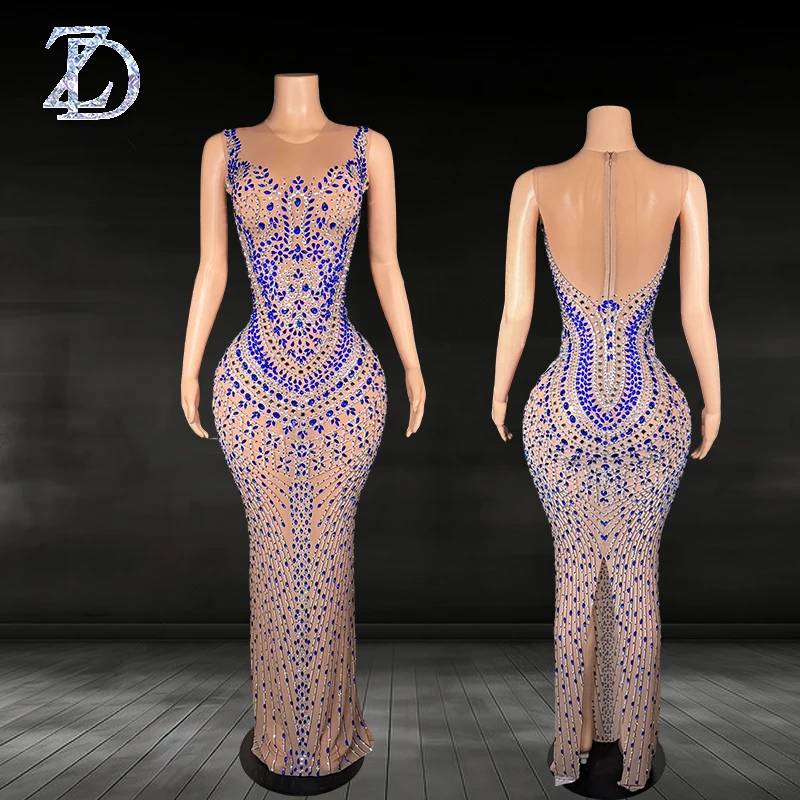 Zd strass pérola diamante incrustado em torno do pescoço sem mangas voltar split luxo elegante vestido longo noite clube bar desempenho vestido