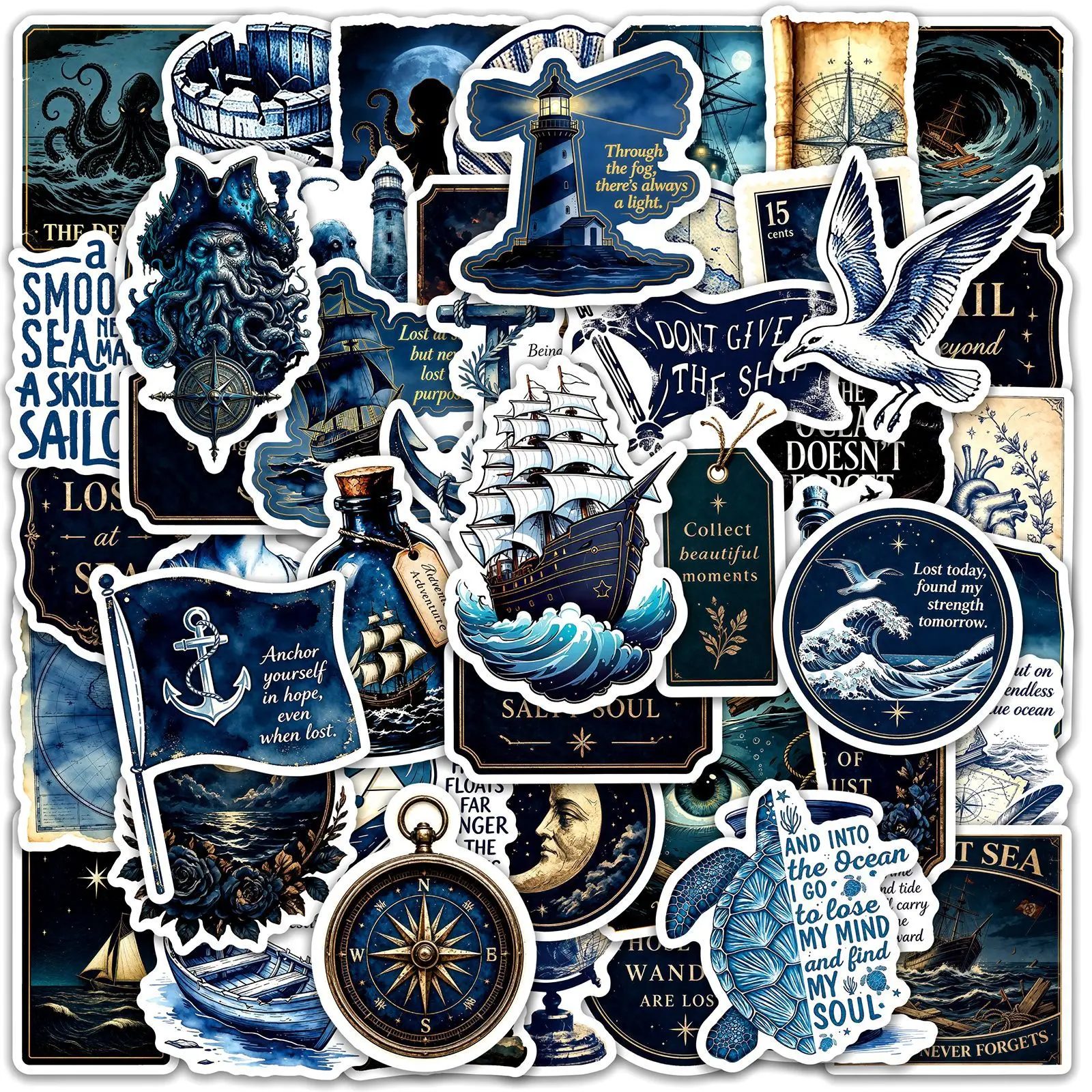 50 PCS Retro Dark Series Nautical Theme Stickers Pack Decorate Skateboard Computer Helmet Bike Waterproof Hand Account Decals