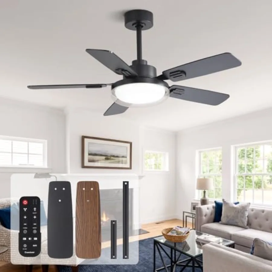44 Inch Ceiling Fans with Lights and Remote for Bedroom Living Room Office Outdoor: Black/Wood Grain, 5CCT Dimmable, Dual Color
