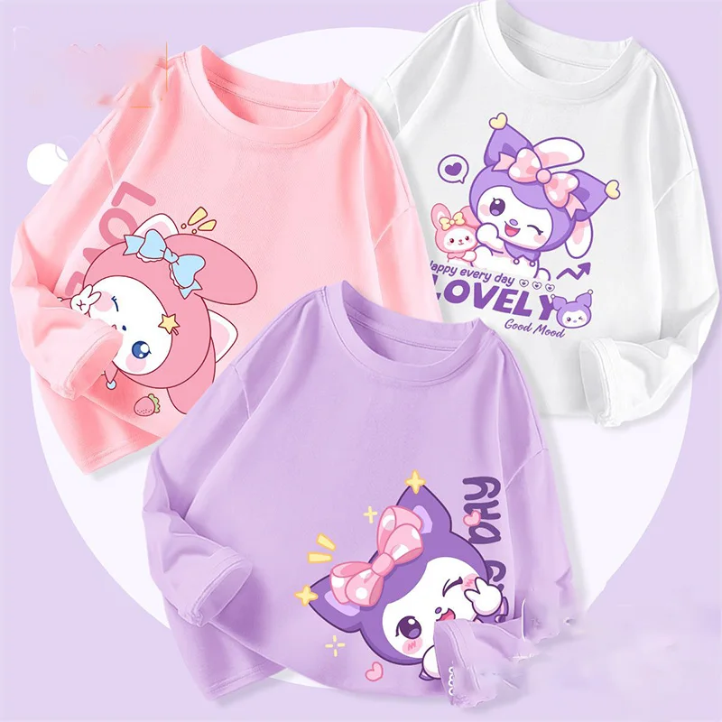 3Pcs Cute Sanrio Kuromi Kids Tshirt Kawaii Cartoon Spring Cotton Children Long Sleeved Fashion Versatile Tops Toy for Girl Gifts