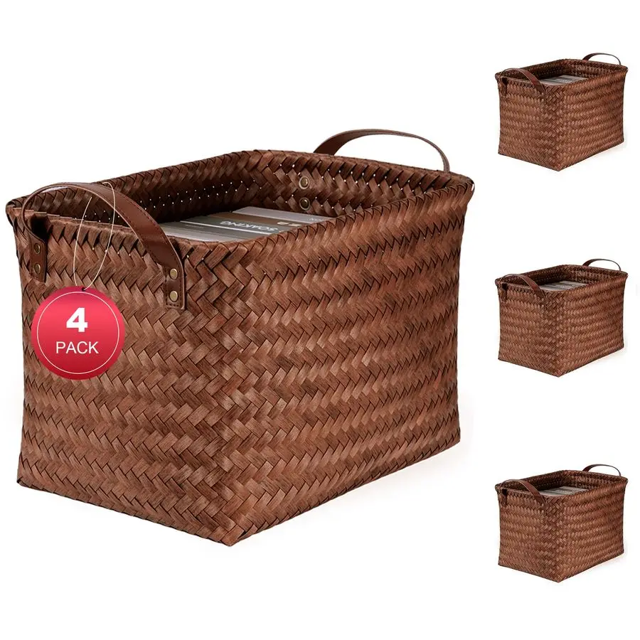 

Laundry Baskets Waterproof Storage Baskets For Shelves Large Laundry Hamper With Leather Handle set of 4 Cube Organizers Woven B