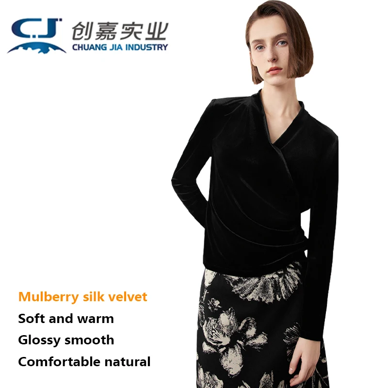 Luxury Silk Velvet Women's Shirt - Elegant Long-Sleeved V-Neck Top with European Style - Smooth, Bright, Soft and Comfortable
