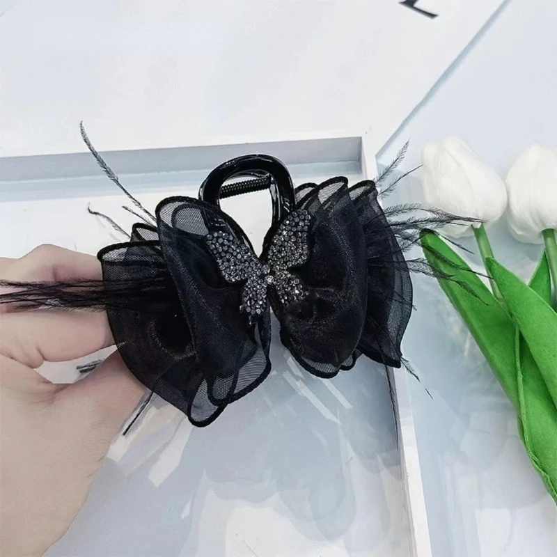 Fashion Black Butterfly Hairpin Hair Accessories for Women Retro Elegant Mesh Feather Grab Clip Headwear Girl Jewelry Tiara Gift