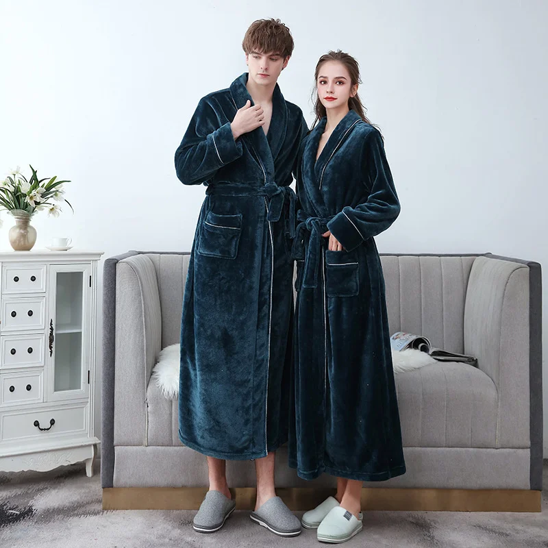 

Couple Soft Warm Coral Fleece Long Bathrobe Winter Kimono Flannel Bath Robe Nightgown Home wear Dressing Gown Sleepwear