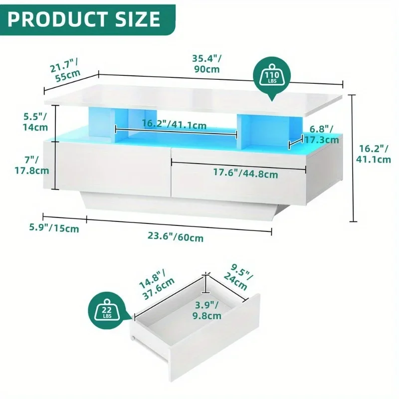 Meja Koktail Tengah Meja Kopi Gloss Tinggi dengan Lampu LED & Laci Geser