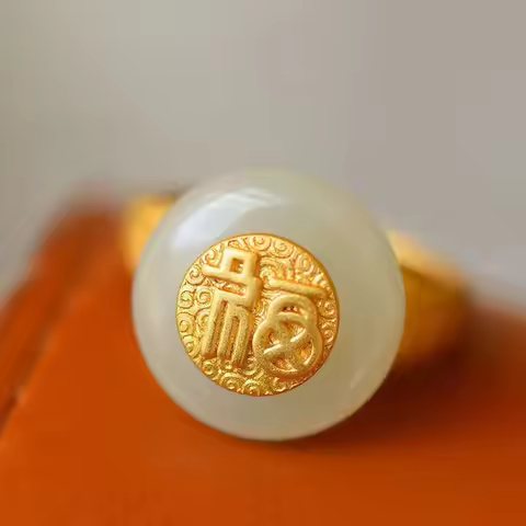 New in design natural Hetian white jade adjustable ring Chinese style retro unique ancient gold craft pendant ladies jewelry
