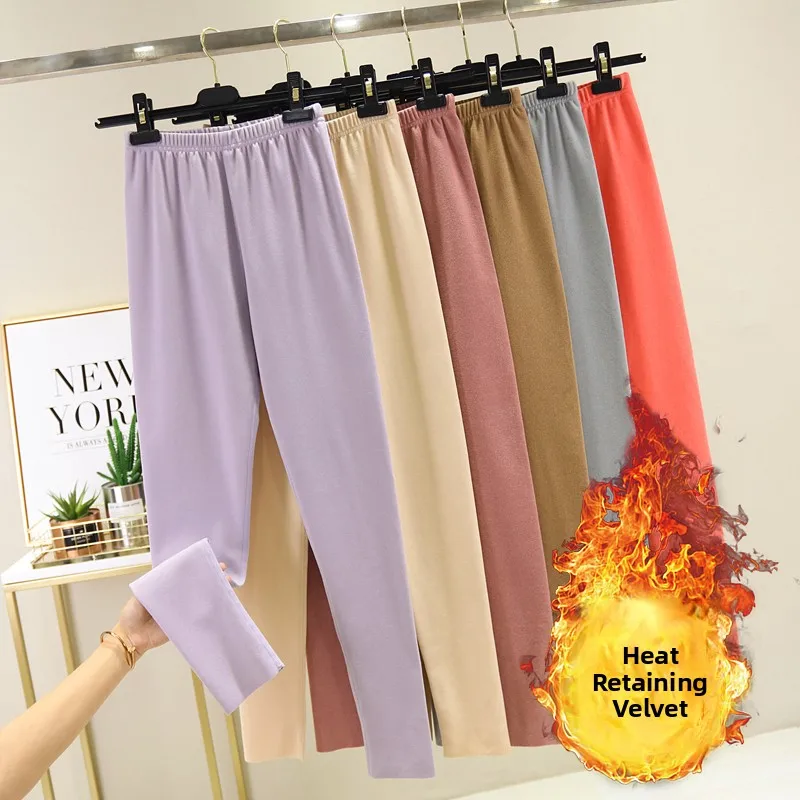 Pantalones de otoño de algodón con forro polar de terciopelo de doble cara para mujer, pantalones ajustados de capa Base, pantalones cálidos Sl de talla grande
