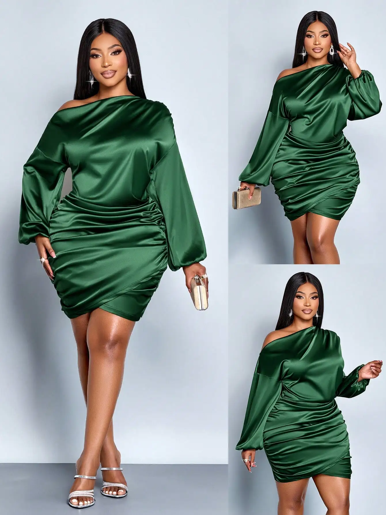 

Зелёное атласное мини-платье больших размеров с одним рукавом, драпировкой и рукавами-фонариками для вечеринок и праздников