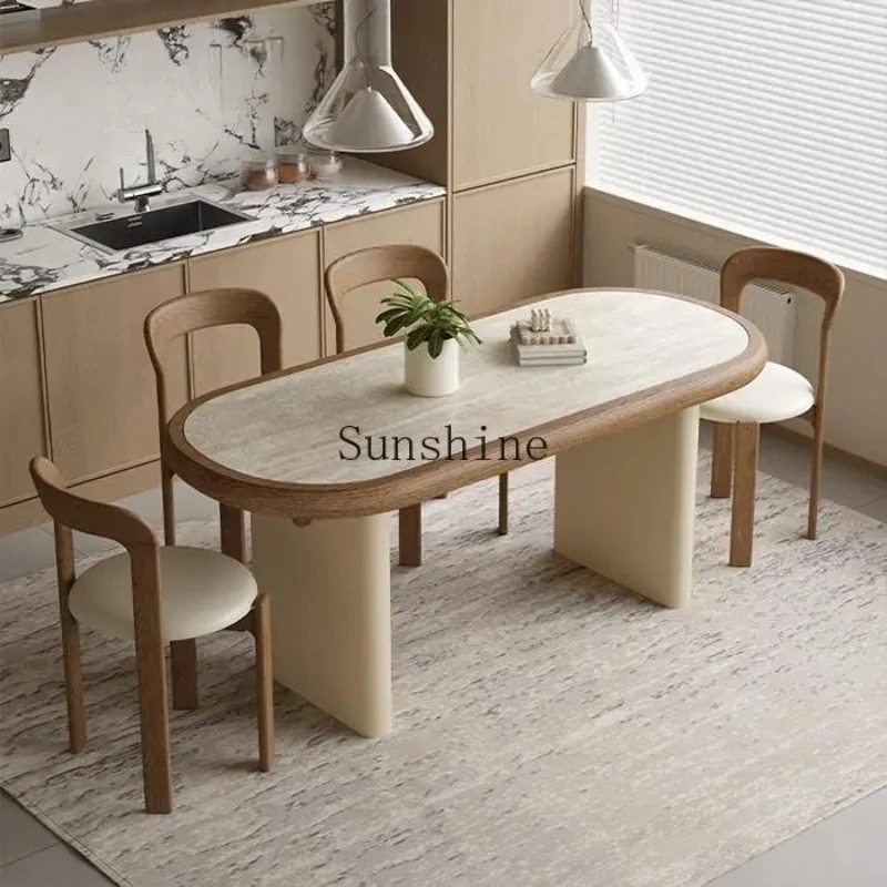 

French retro cream style solid wood oval rock slab dining table and chair combination household simplicity