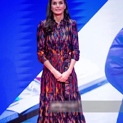 Fashion Turn-Down Collar Long Sleeve A-Line Dresses Princess Style Leopard Print Dress