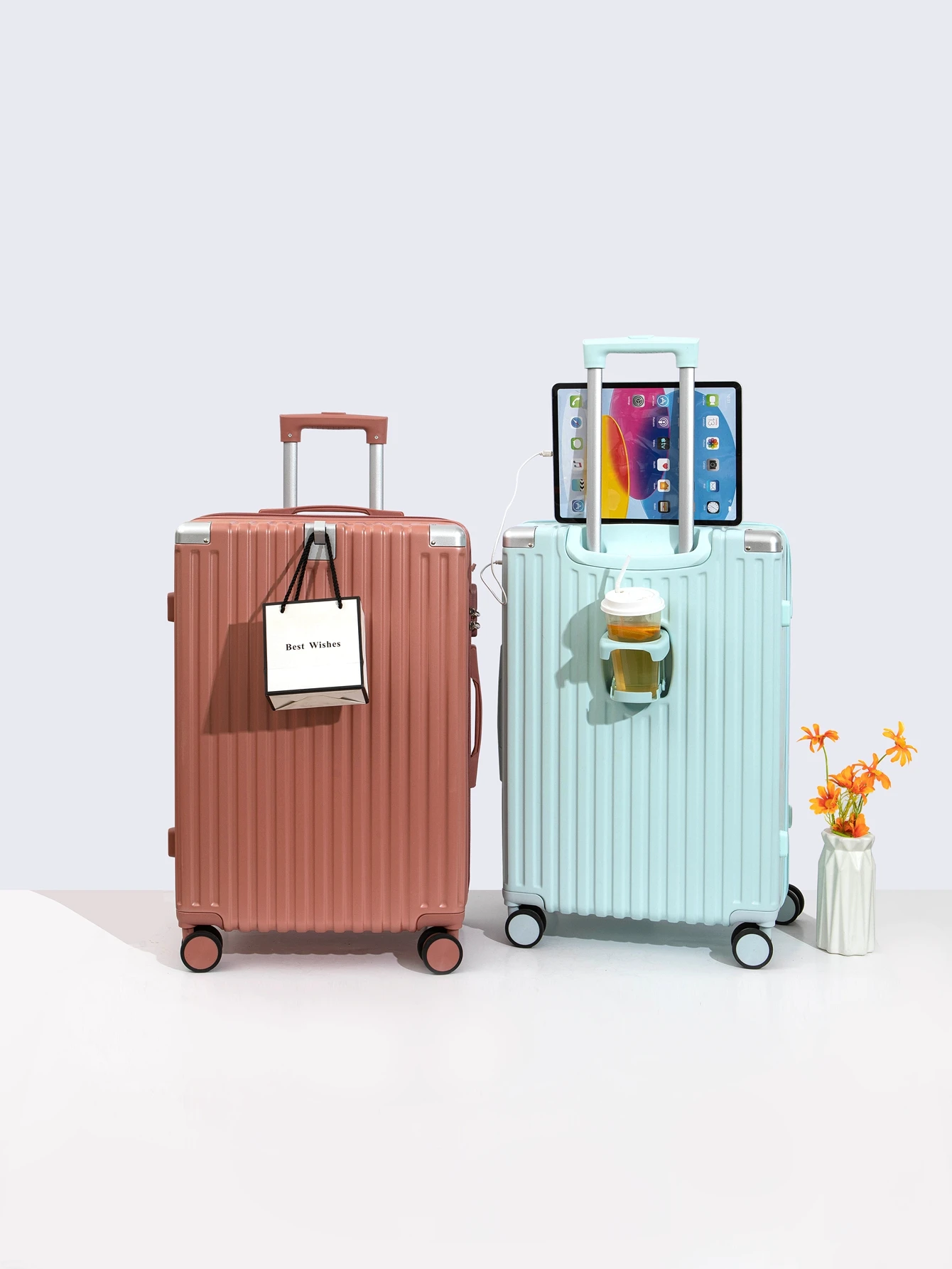 Luggage compartment with 20/24/26  USB charging compartment and cup holder with hooks in front handheld password lever luggage