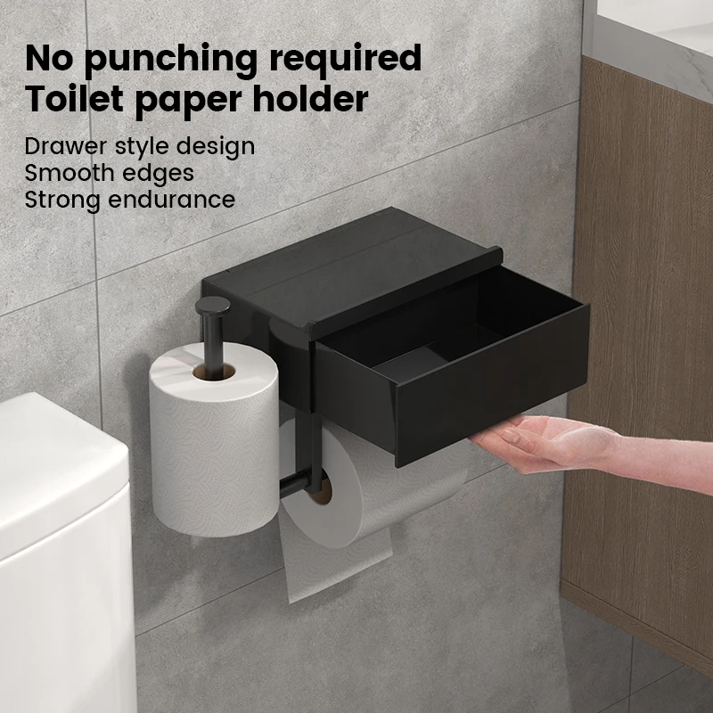 Image of Schwarzer wandmontierter Toilettenpapierhalter mit Ablage, kein Bohren erforderlich, Schubladen-Stil Taschentuchbox, unverzichtbarer Badezimmer-Organizer.