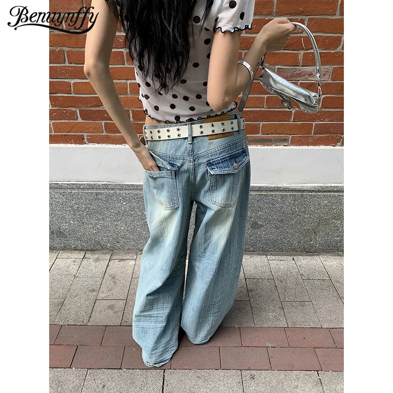 

Benuynffy American Streetwear Washed Baggy Jeans Women 2026 Spring New 2000s Vintage Low Waist Casual Wide-leg Denim Pants